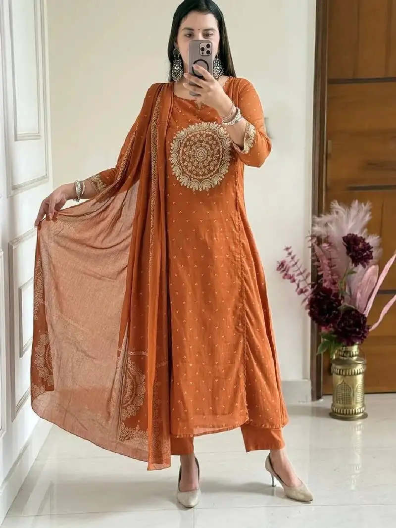 Mustard embroidery handwork & printed kurta pant & dupatta set