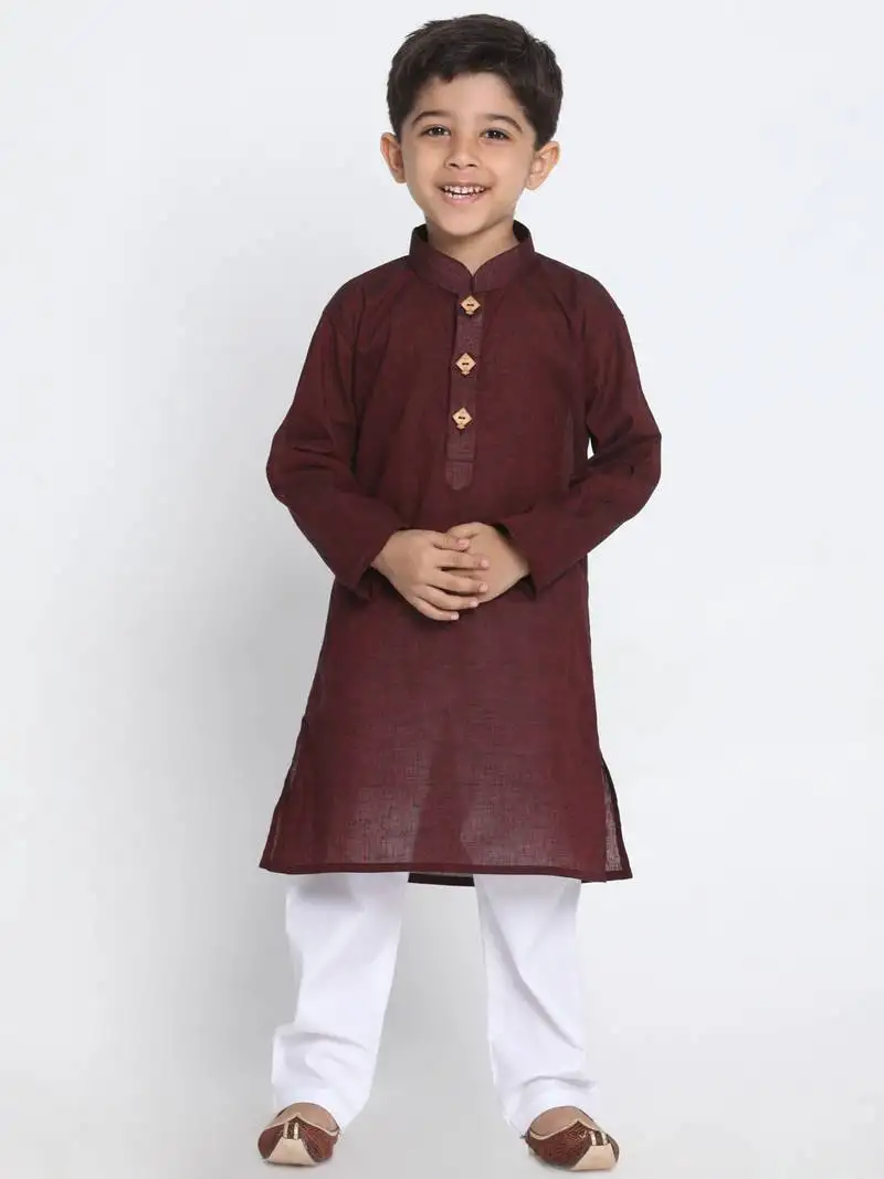 Boys garnet maroon and white pure cotton kurta pyjama set