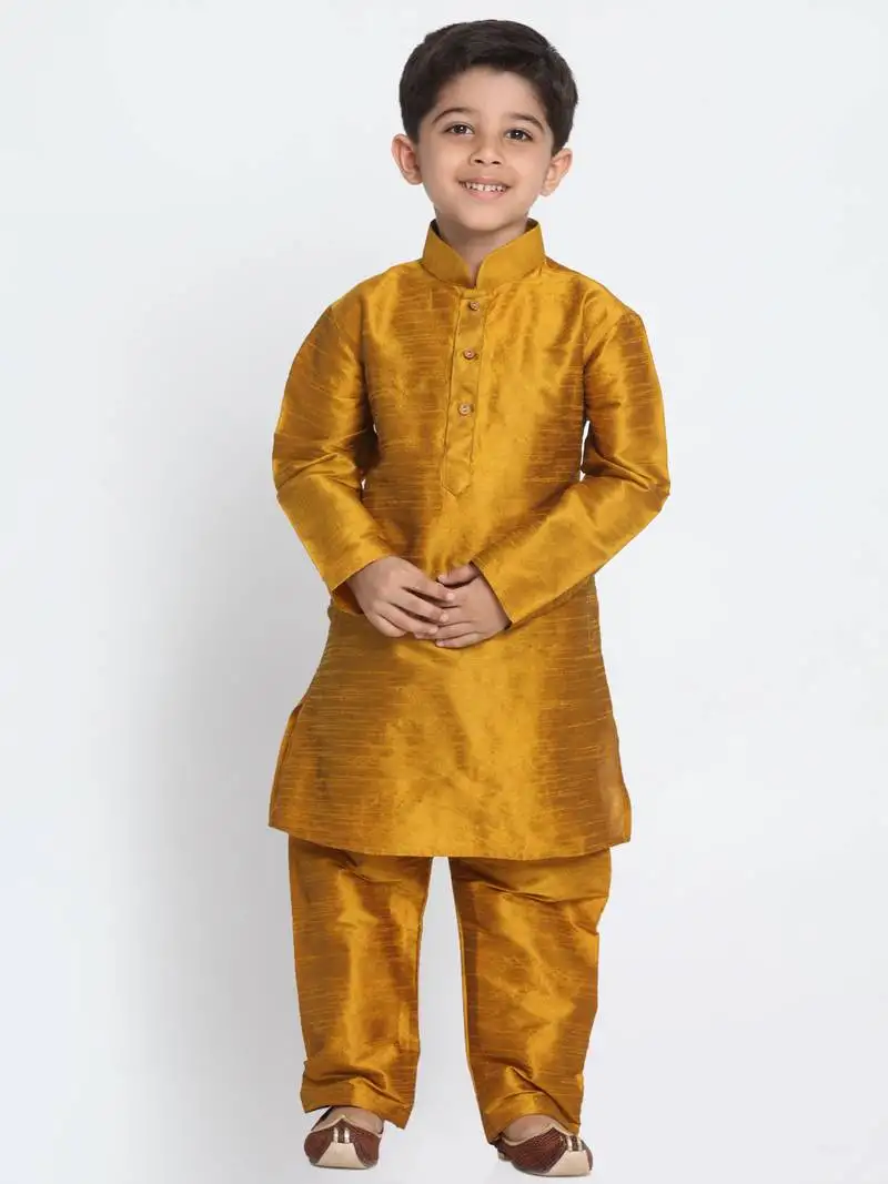 Boys mustard silk blend kurta pyjama set