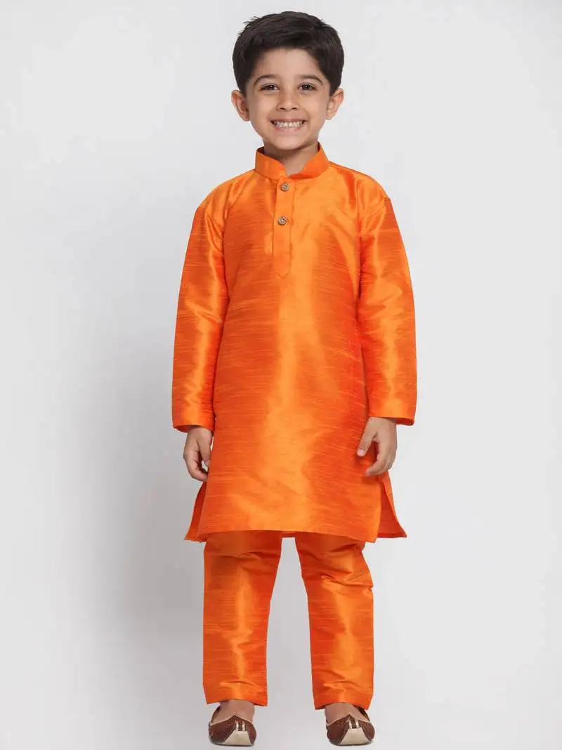 Gold printed silk blend boys kurta pyjama