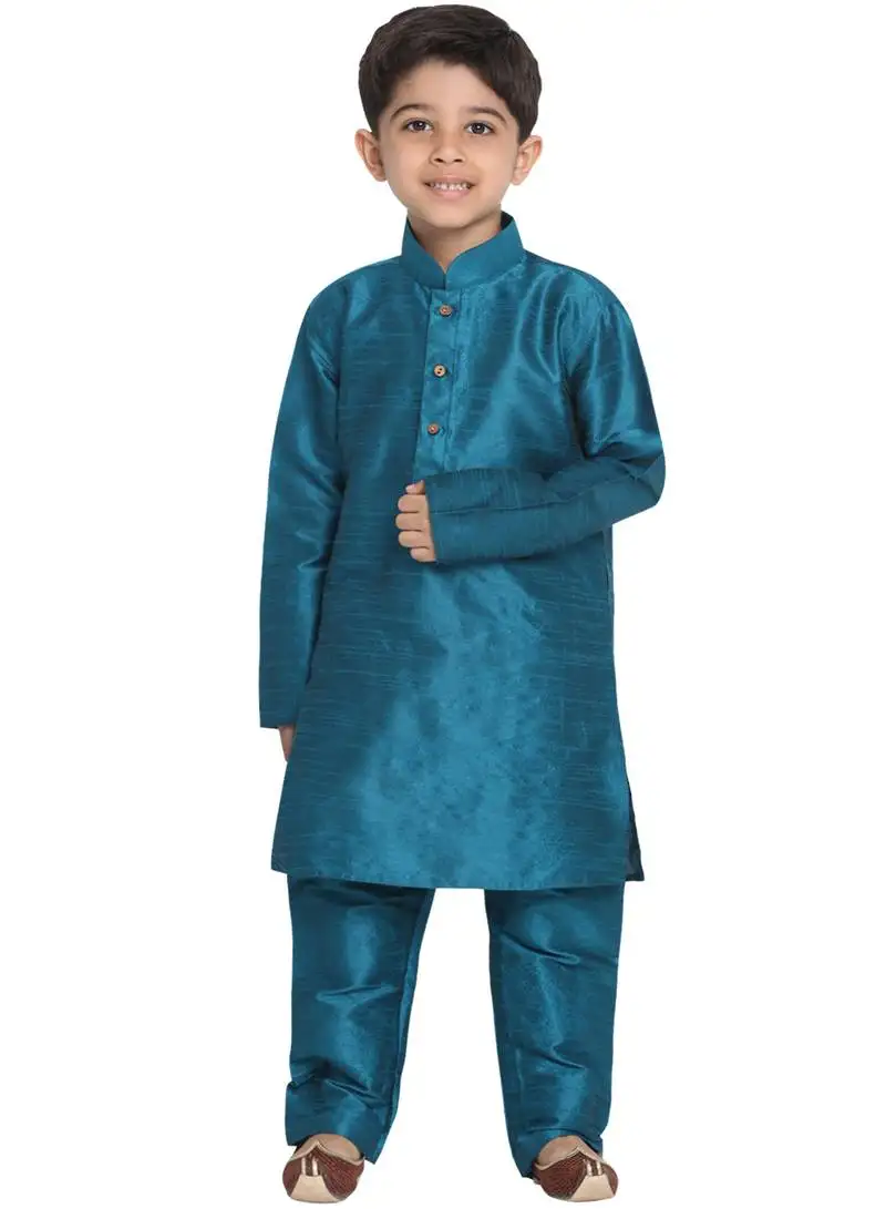Boys turquoise silk blend kurta pyjama set