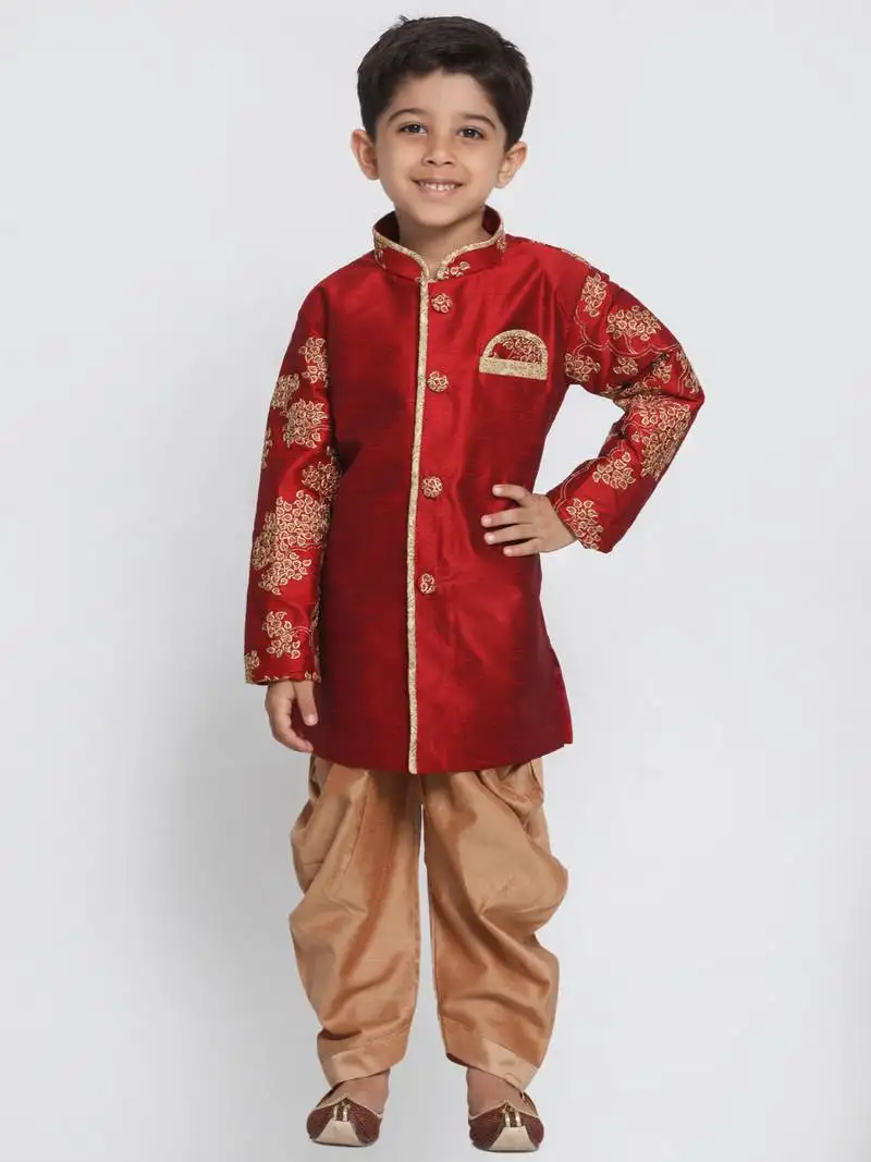 Boys maroon and rose gold silk blend sherwani and dhoti set
