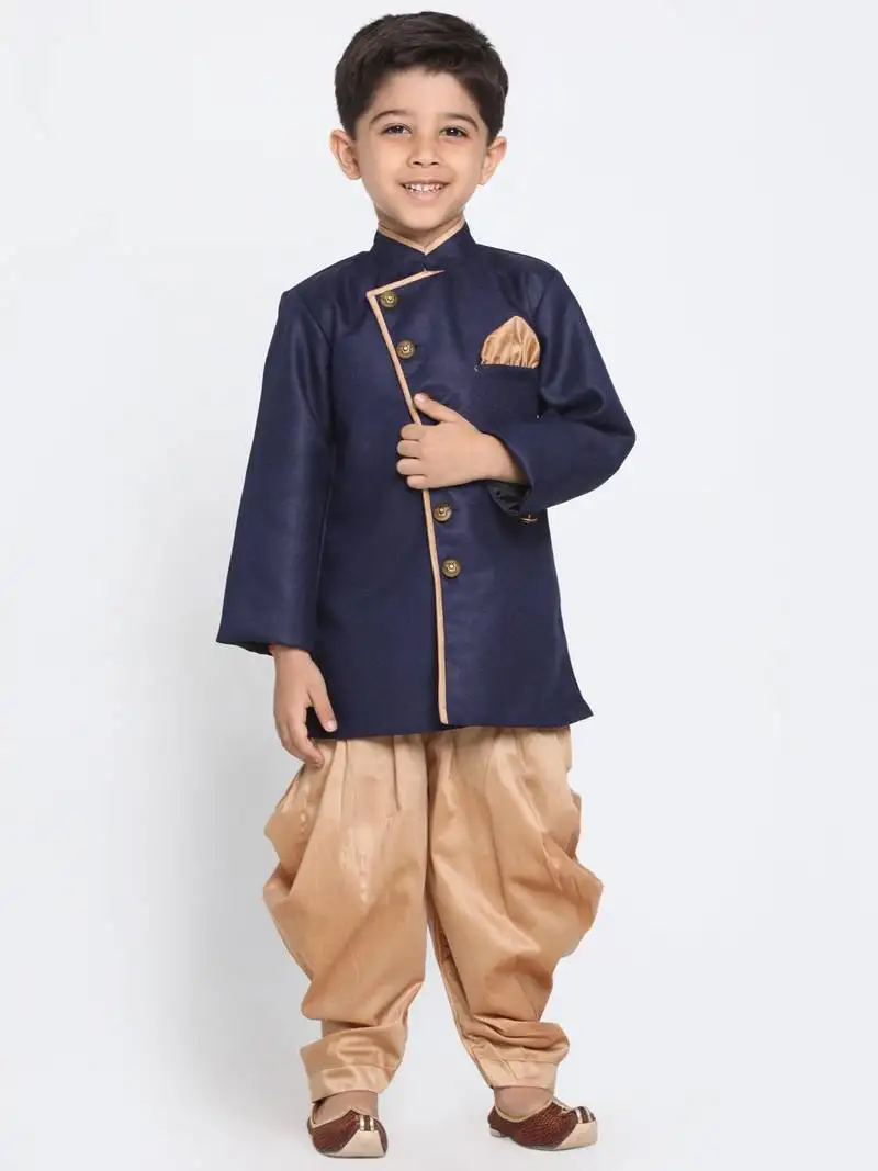 Boys navy blue and rose gold cotton blend indowestern sherwani and dhoti set