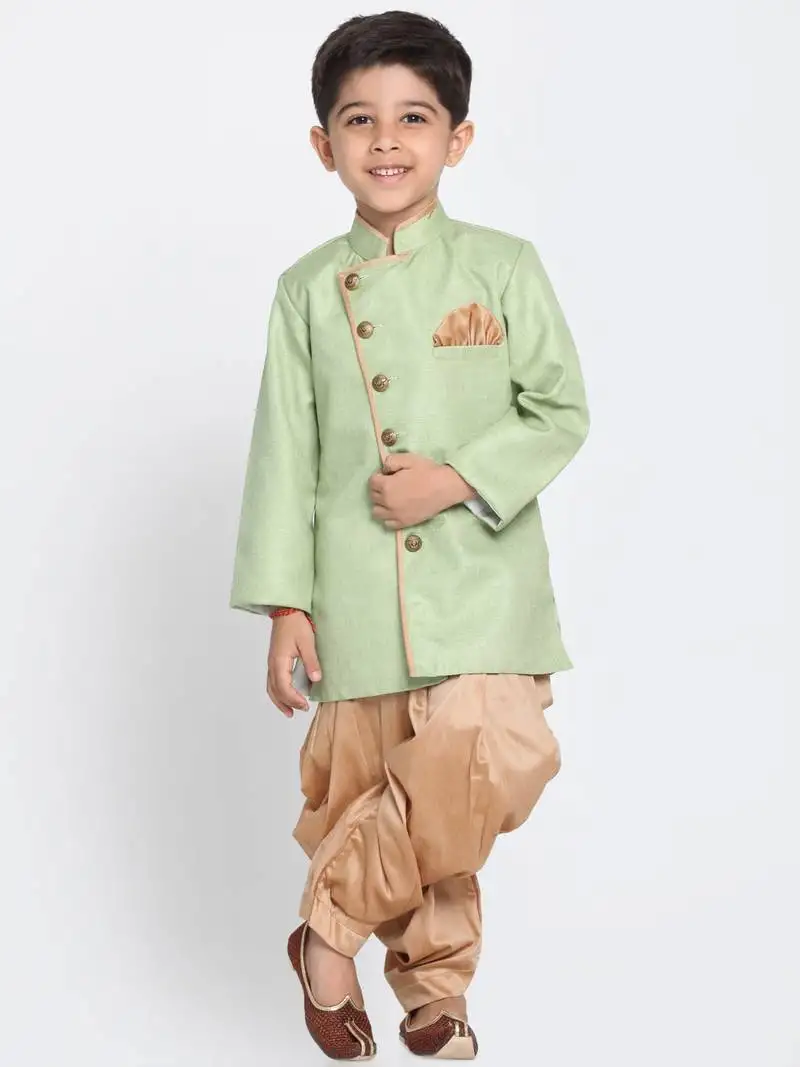 Boys mint green and rose gold cotton blend indowestern sherwani and dhoti set