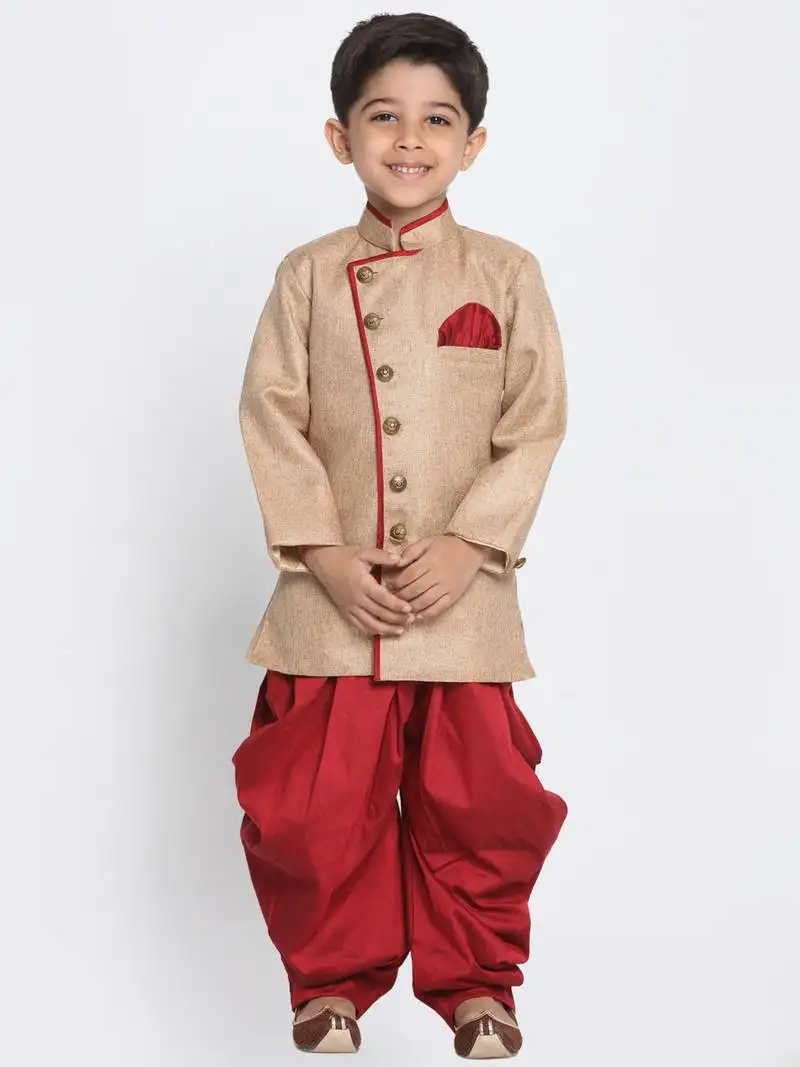 Boys biscuit and maroon cotton blend indowestern sherwani and dhoti set