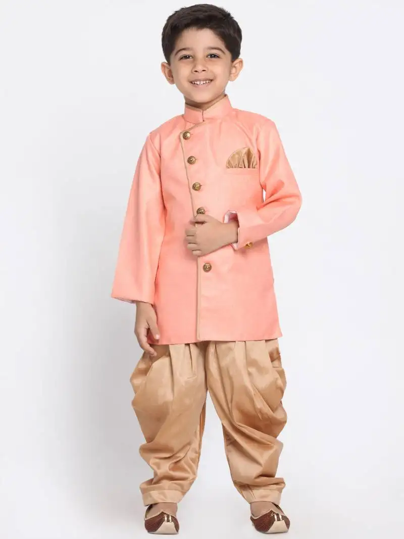 Boys pink and rose gold cotton blend indowestern sherwani and dhoti set