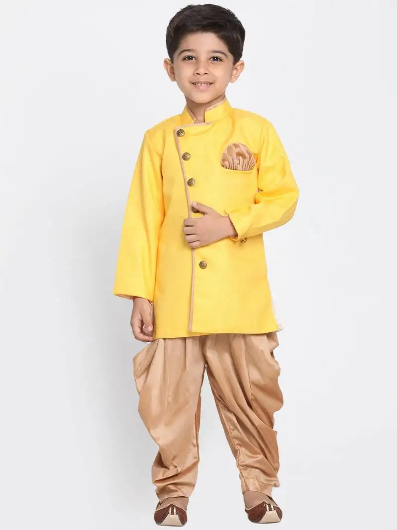 Boys yellow and rose gold cotton blend indowestern sherwani and dhoti set