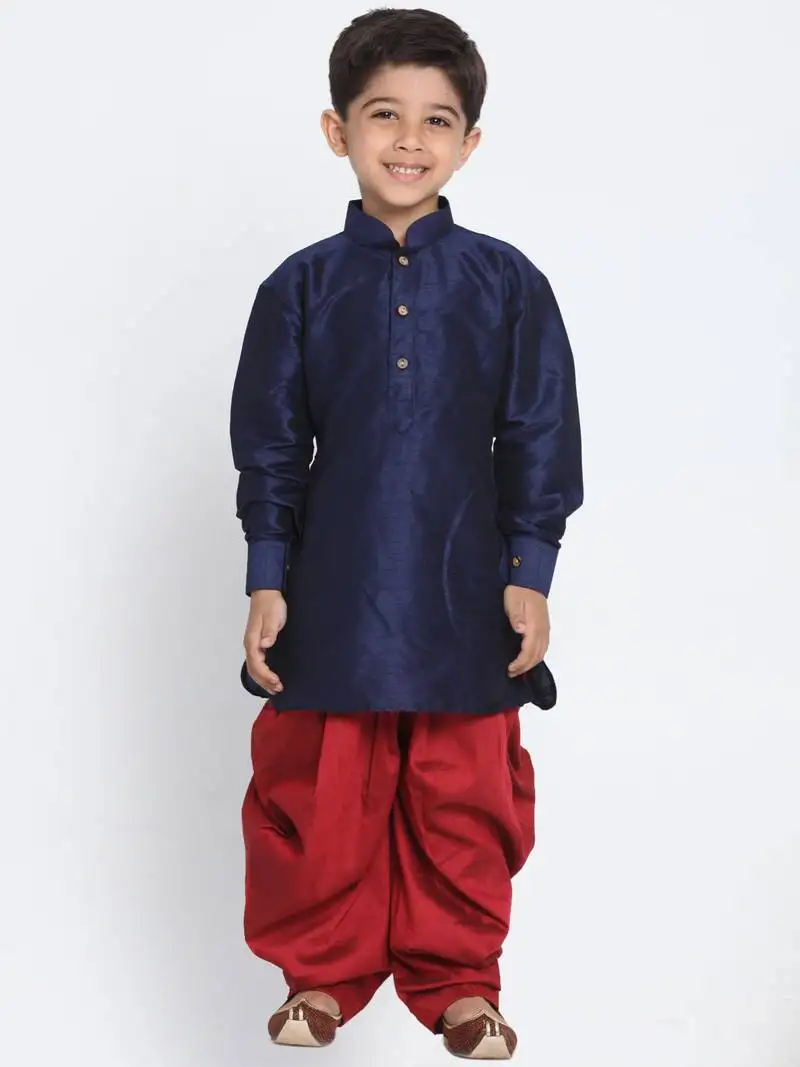 Blue printed silk blend boys-dhoti-kurta