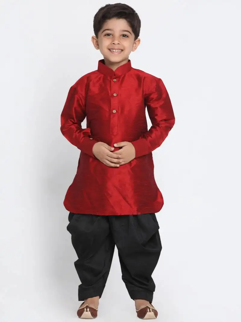 Maroon printed silk blend boys-dhoti-kurta