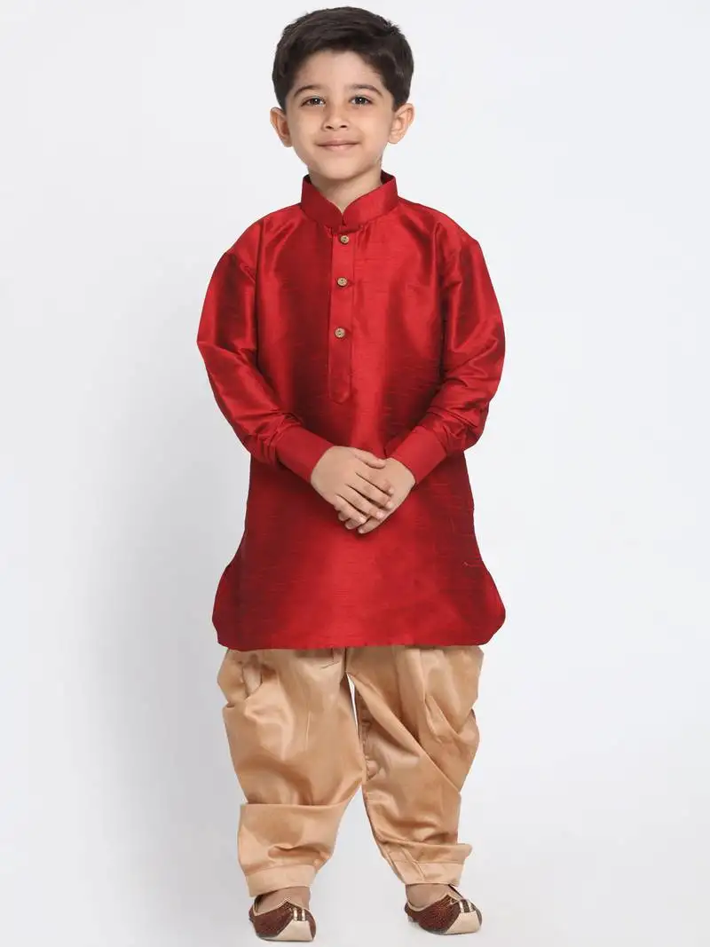 Maroon printed silk blend boys dhoti kurta