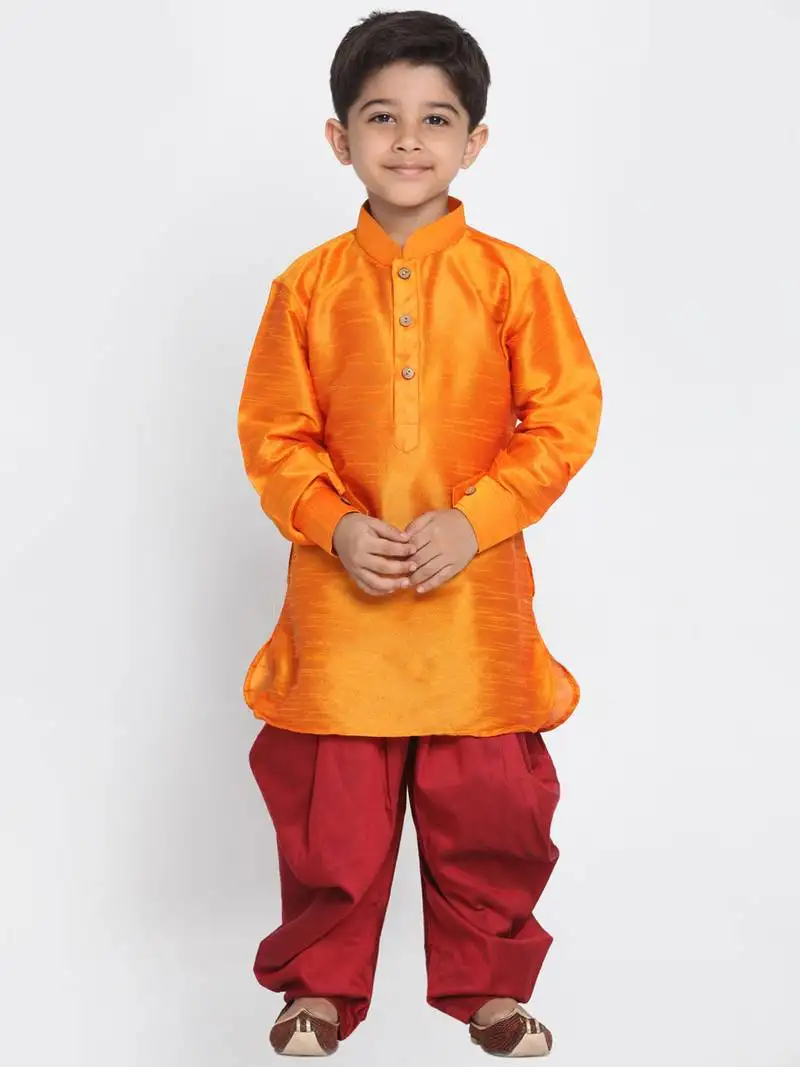 Orange printed silk blend boys-dhoti-kurta