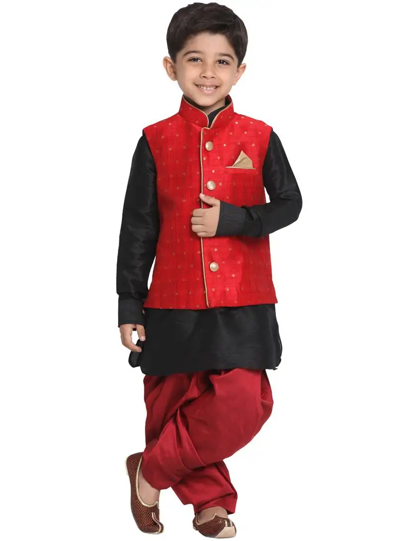 Boys maroon and rose gold silk blend nehru jacket