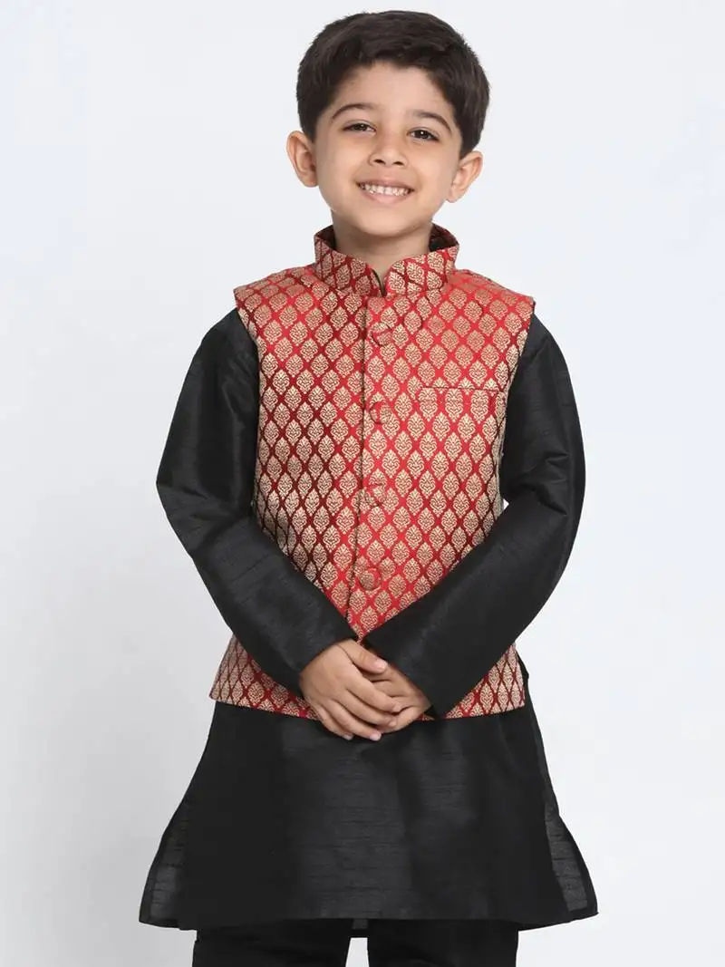 Maroon printed blended cotton boys-nehru-jacket