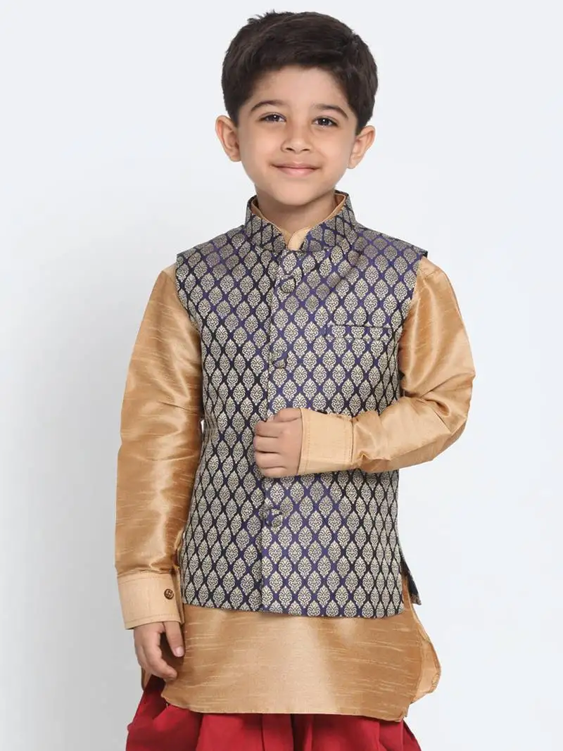 Blue printed blended cotton boys-nehru-jacket