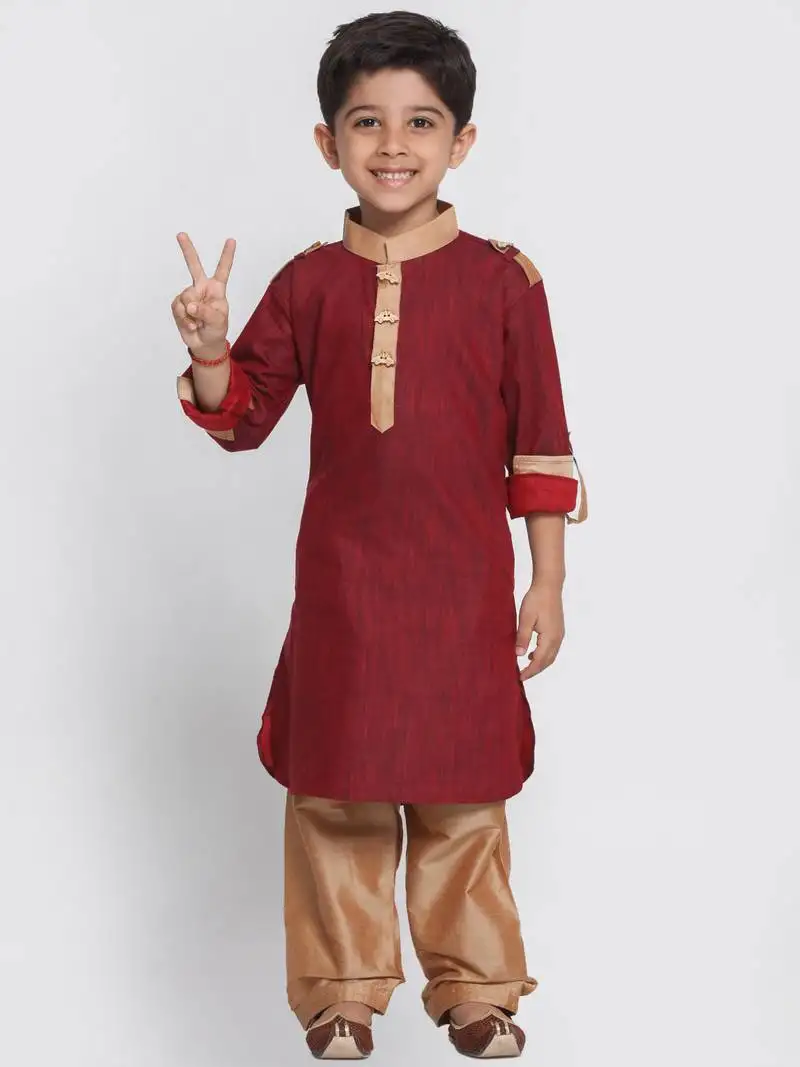 Boys maroon and rose gold cotton pathani kurta set
