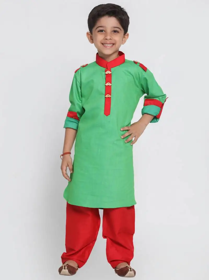 Boys parrot green and red cotton pathani kurta set