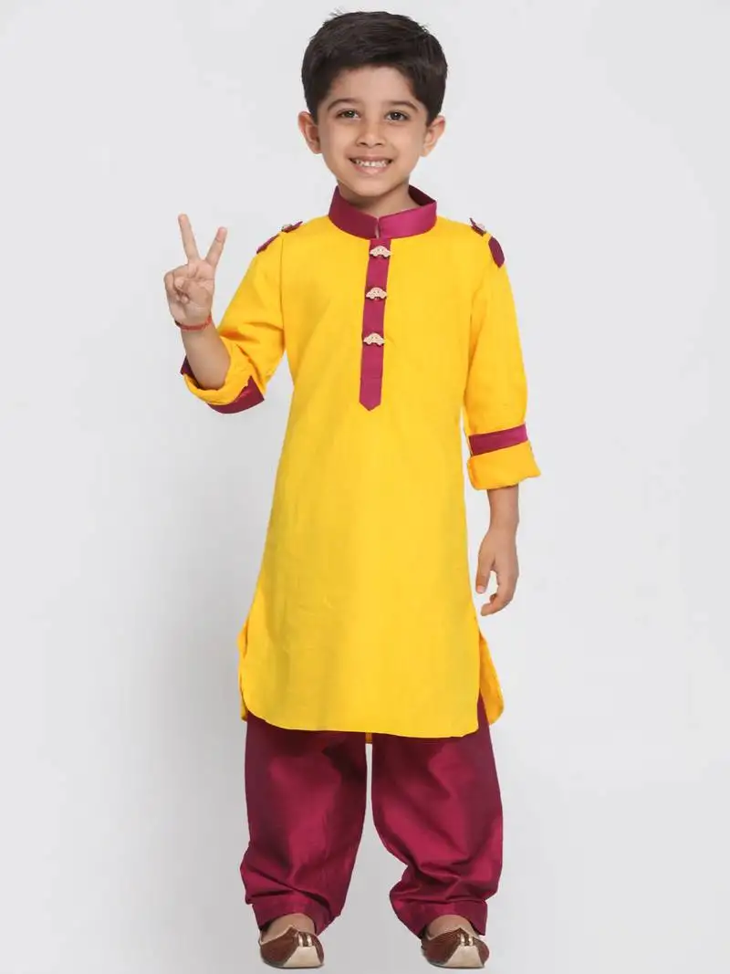 Boys yellow and maroon cotton pathani kurta set