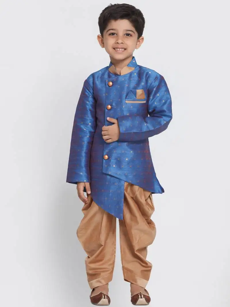 Boys azure and rose gold silk blend indowestern sherwani and dhoti set