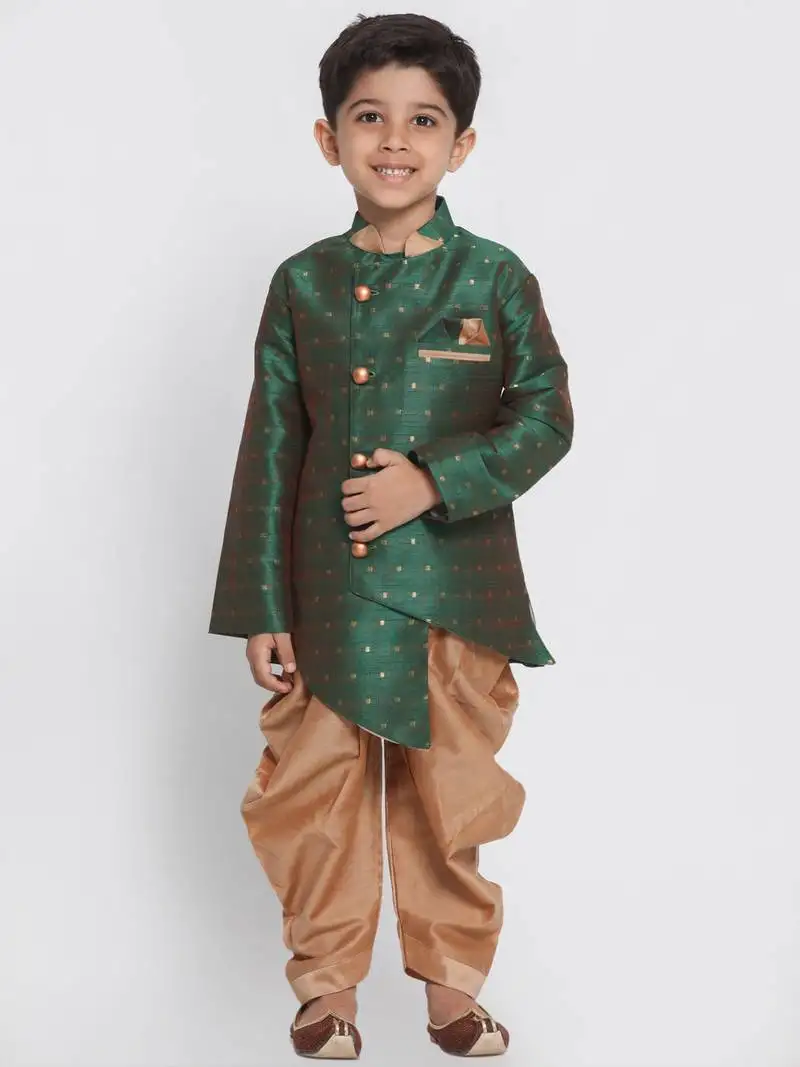 Boys rama green and rose gold silk blend indowestern sherwani and dhoti set