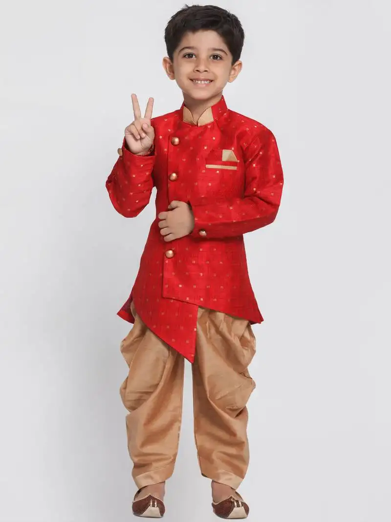 Boys maroon and rose gold silk blend indowestern sherwani and dhoti set