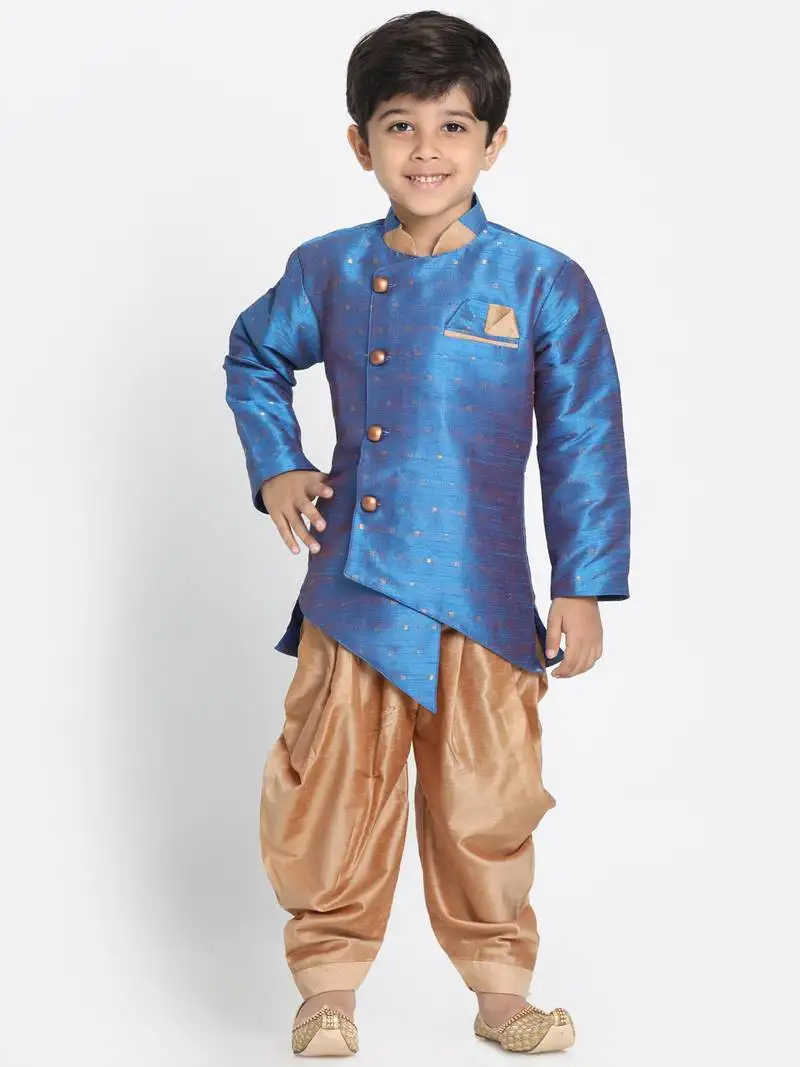 Boys deep firoja and rose gold silk blend indowestern sherwani and dhoti set