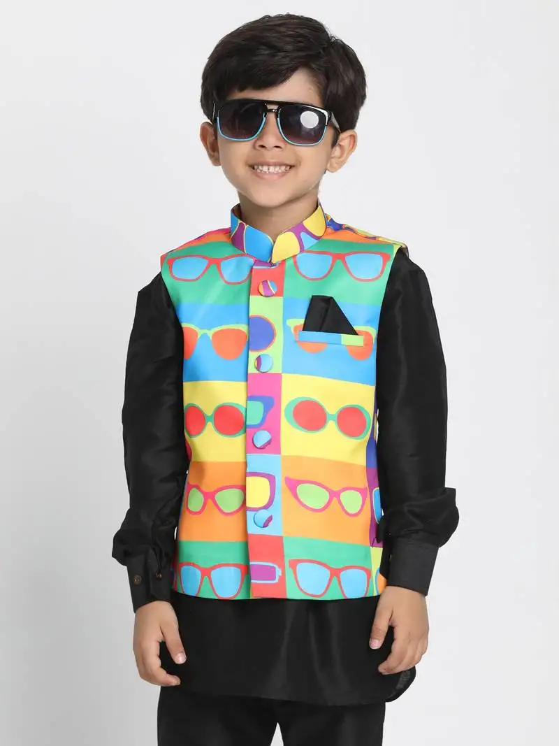 Boys multi colour cotton satin blend nehru jacket