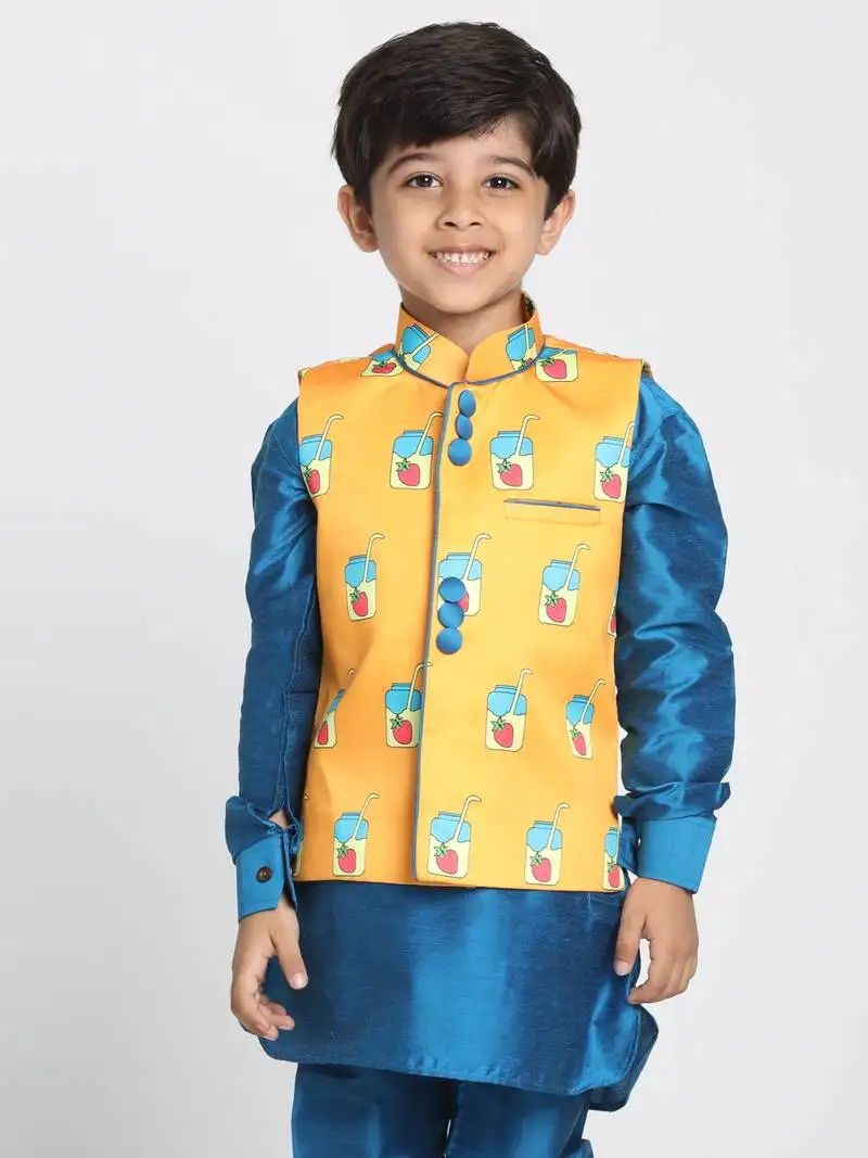 Boys light orange cotton satin blend nehru jacket