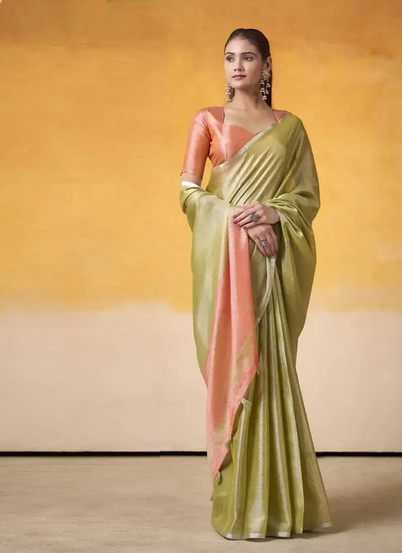 Olive tissue silk with beautiful tussle on pallu casual & office wear saree