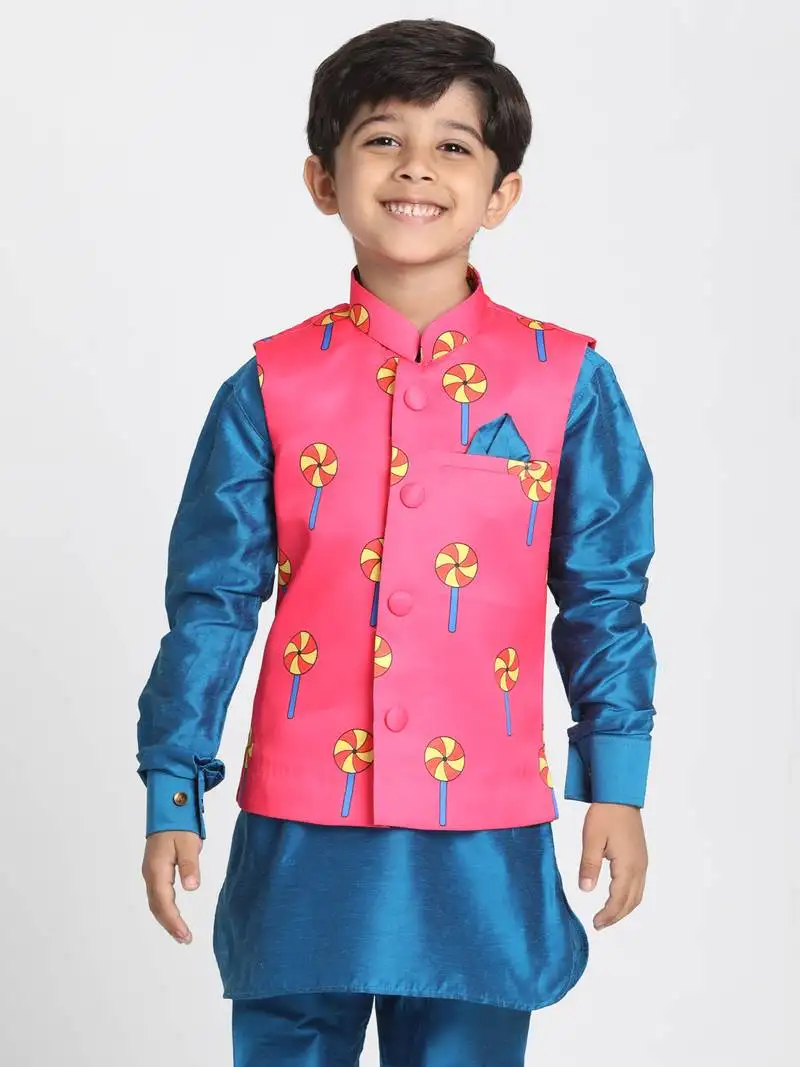 Boys pink cotton satin blend nehru jacket