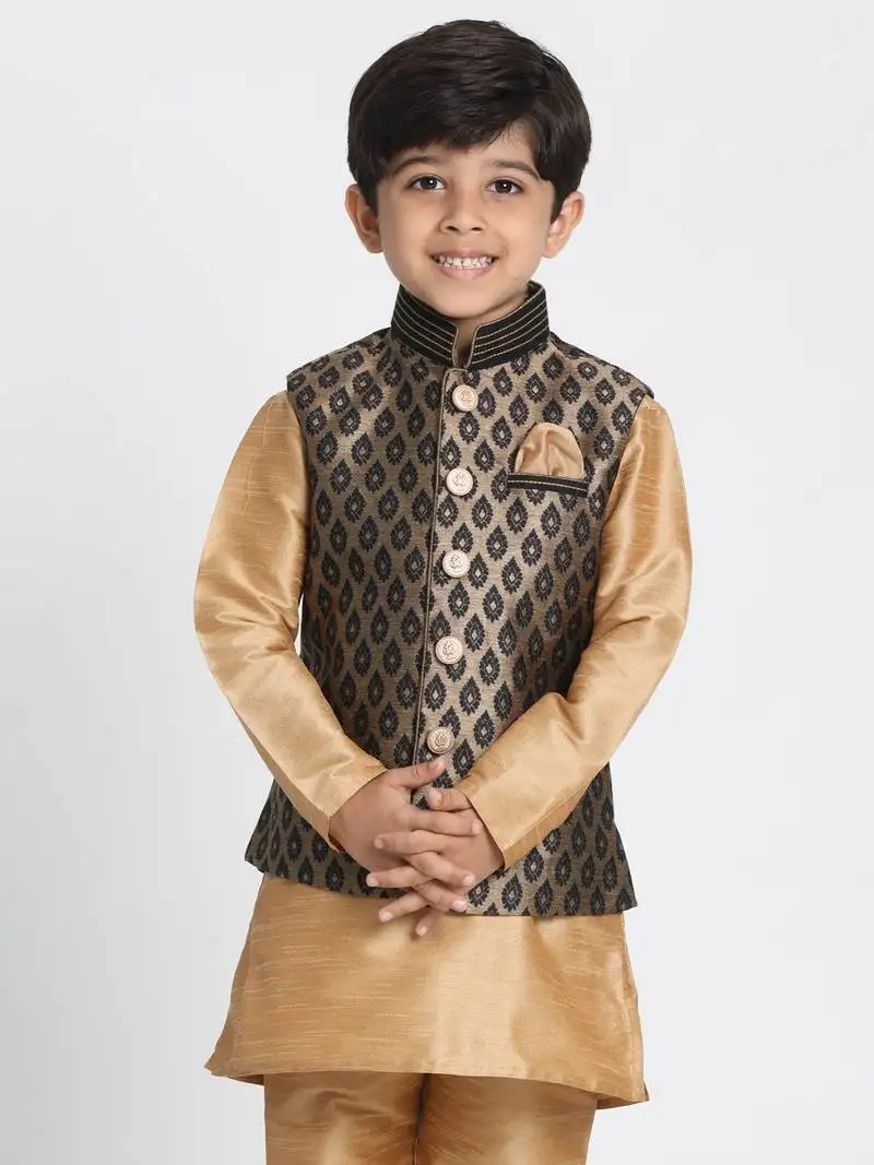 Boys black and gold silk blend nehru jacket