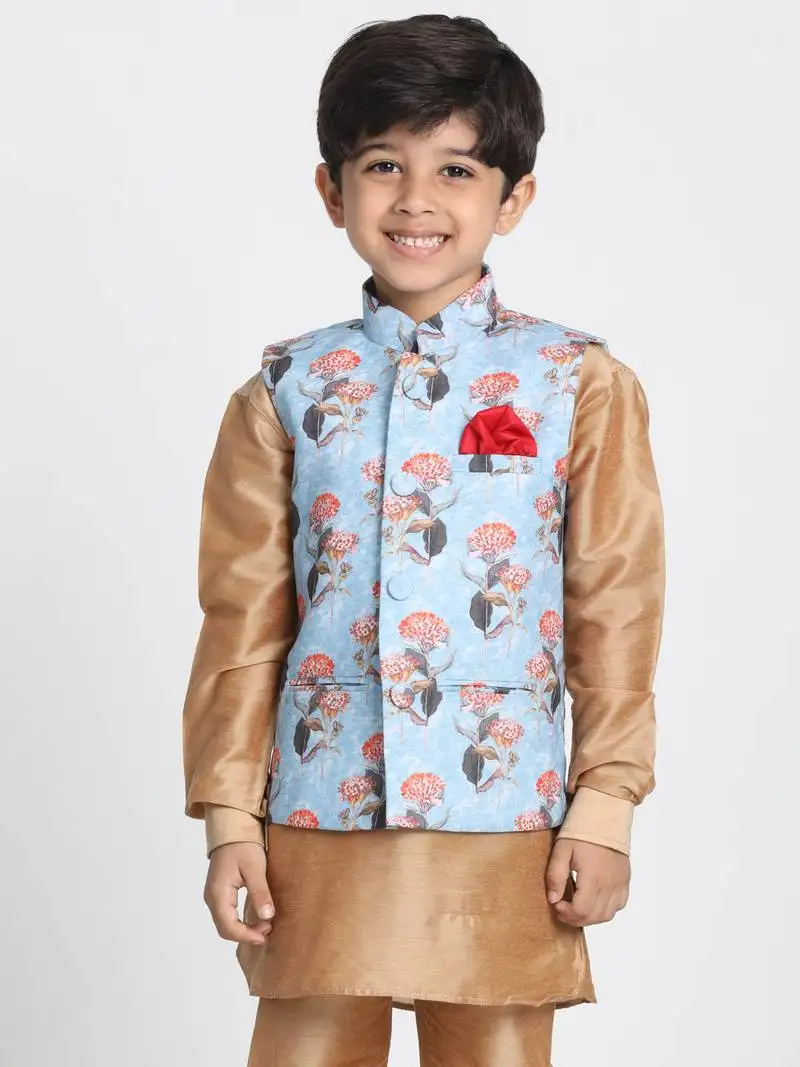 Boys sky blue and multicolour cotton linen blend nehru jacket