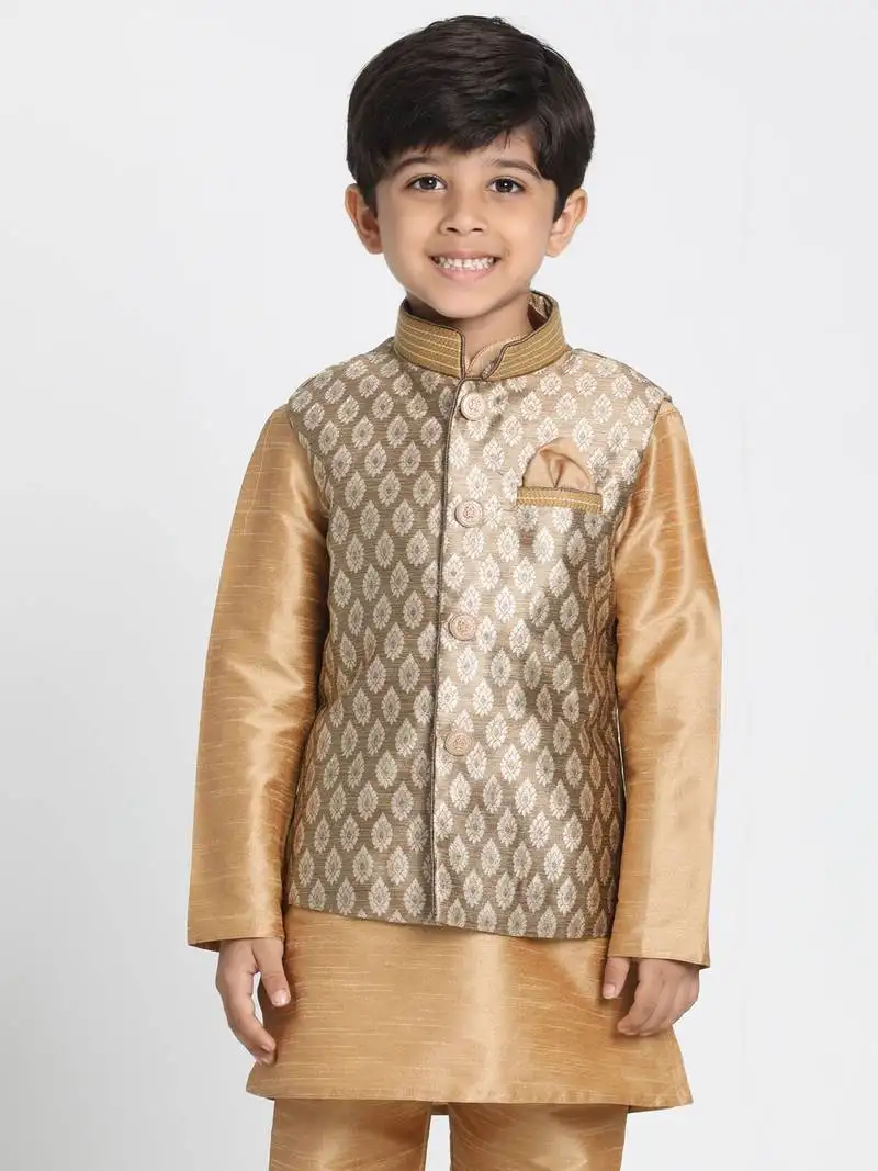 Boys gold silk blend nehru jacket
