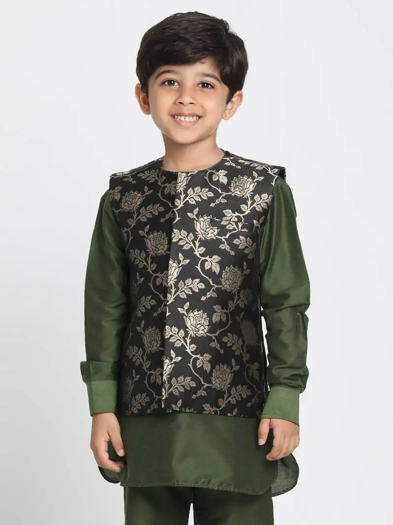Boys black and zari gold silk blend nehru jacket