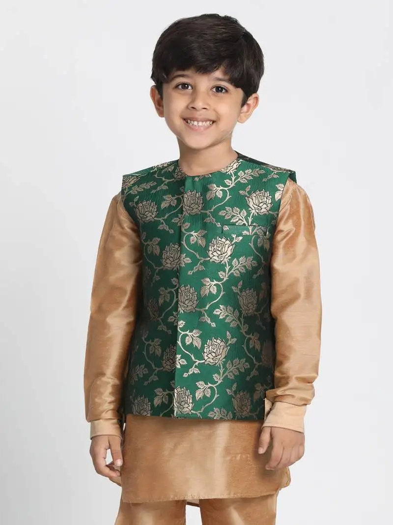 Boys forest green and zari gold silk blend nehru jacket