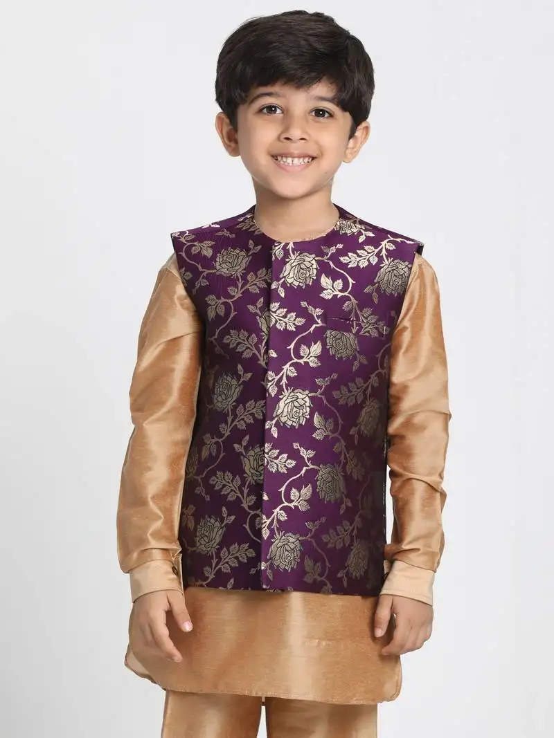 Boys purple and zari gold silk blend nehru jacket