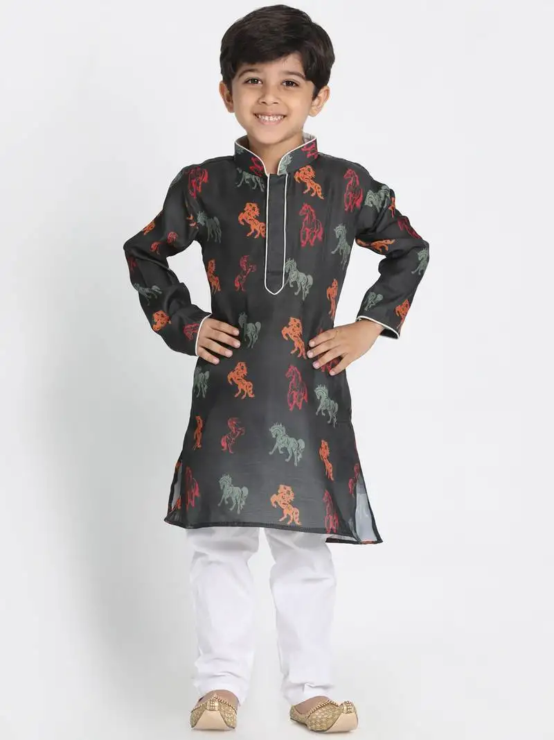Boys shaded black cotton blend kurta pyjama set