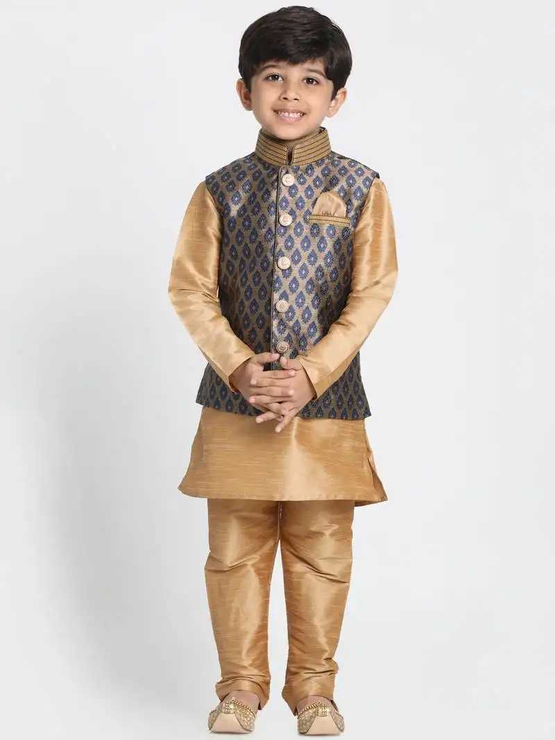 Boys navy blue and rose gold silk blend jacket, kurta and pyjama set