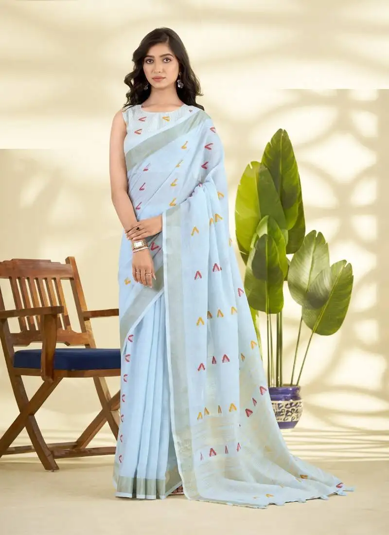 Sky blue linen beautiful tussle on pallu casual wear saree