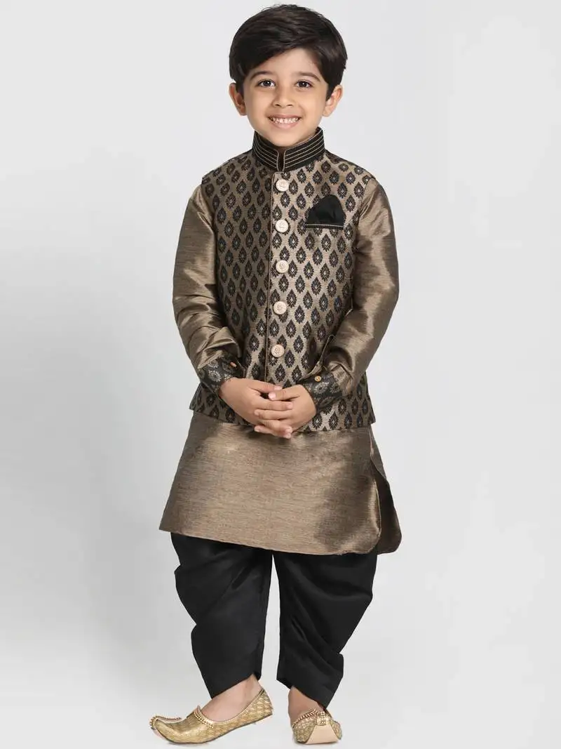 Boys black and gold silk blend jacket, kurta and dhoti set