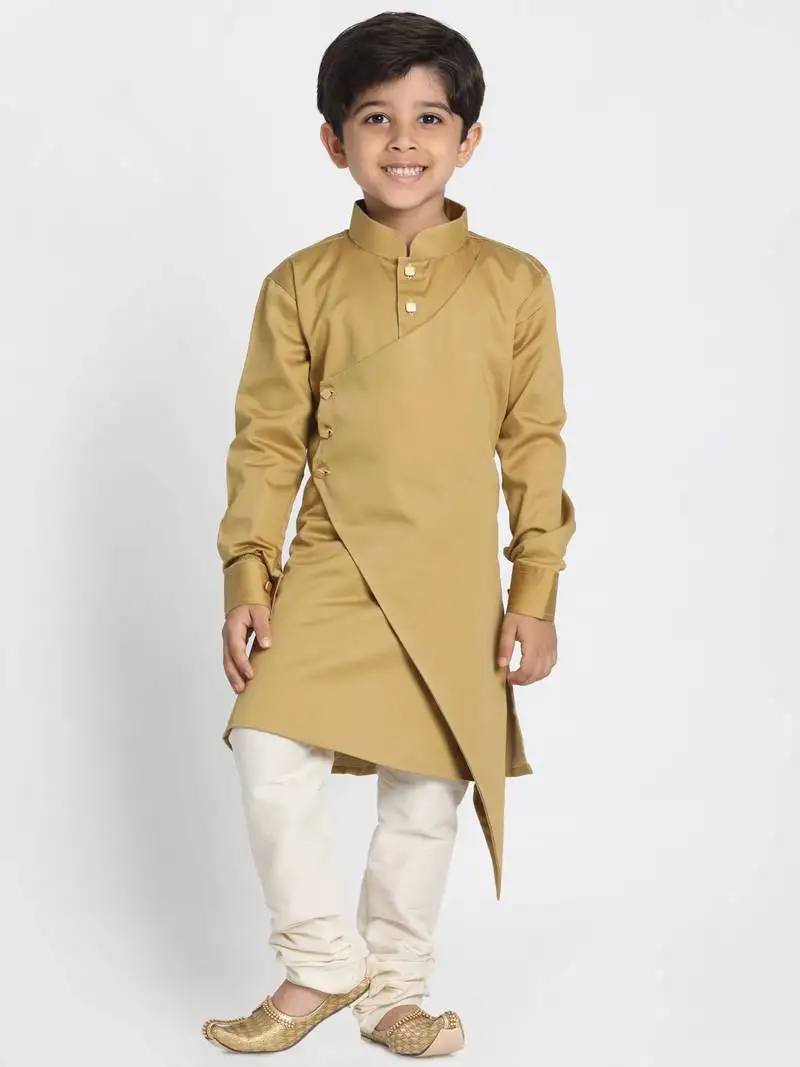 Boys chikoo and cream cotton satin blend kurta pyjama set