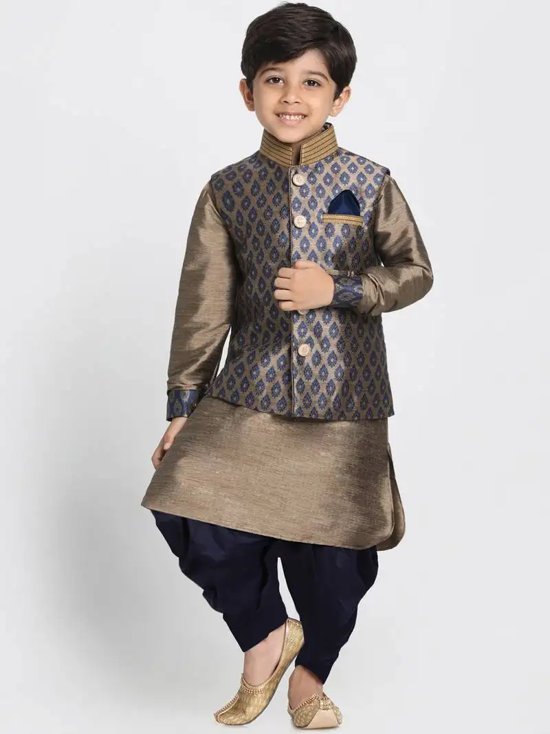 Boys navy blue and gold silk blend jacket, kurta and dhoti set
