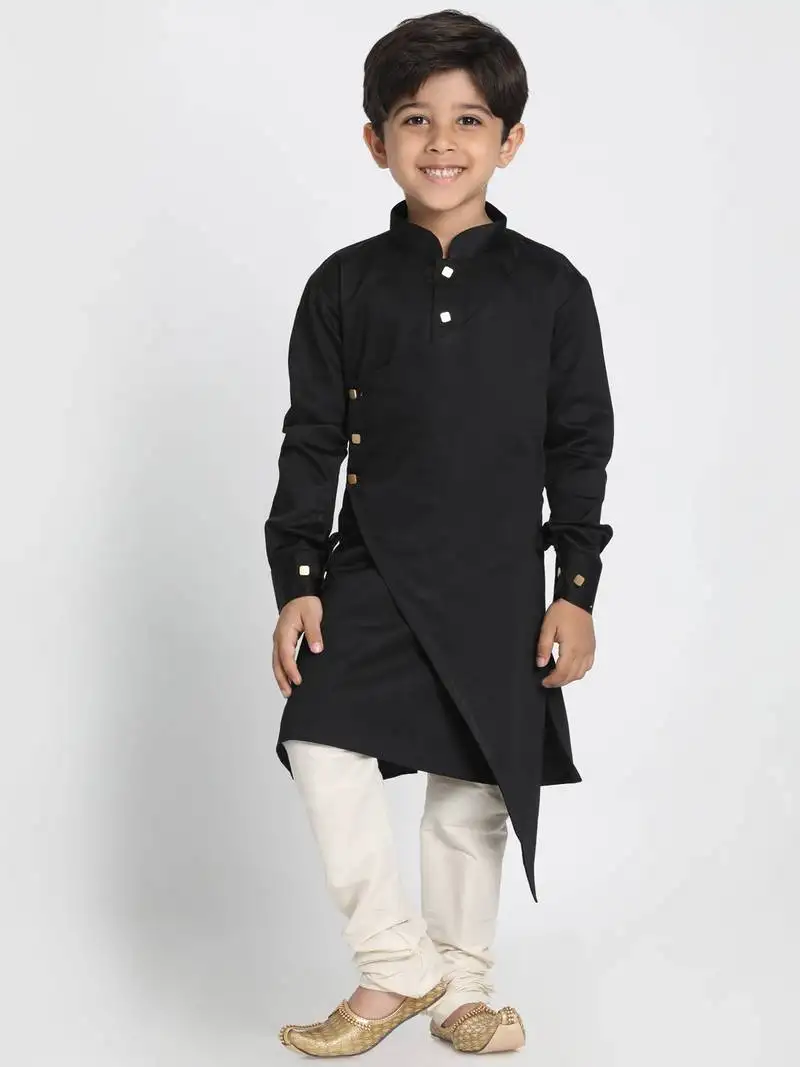 Boys black and cream cotton satin blend kurta pyjama set