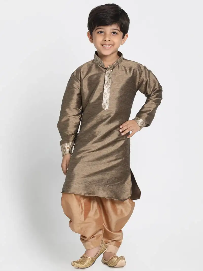 Boys bronze and gold silk blend kurta and dhoti set