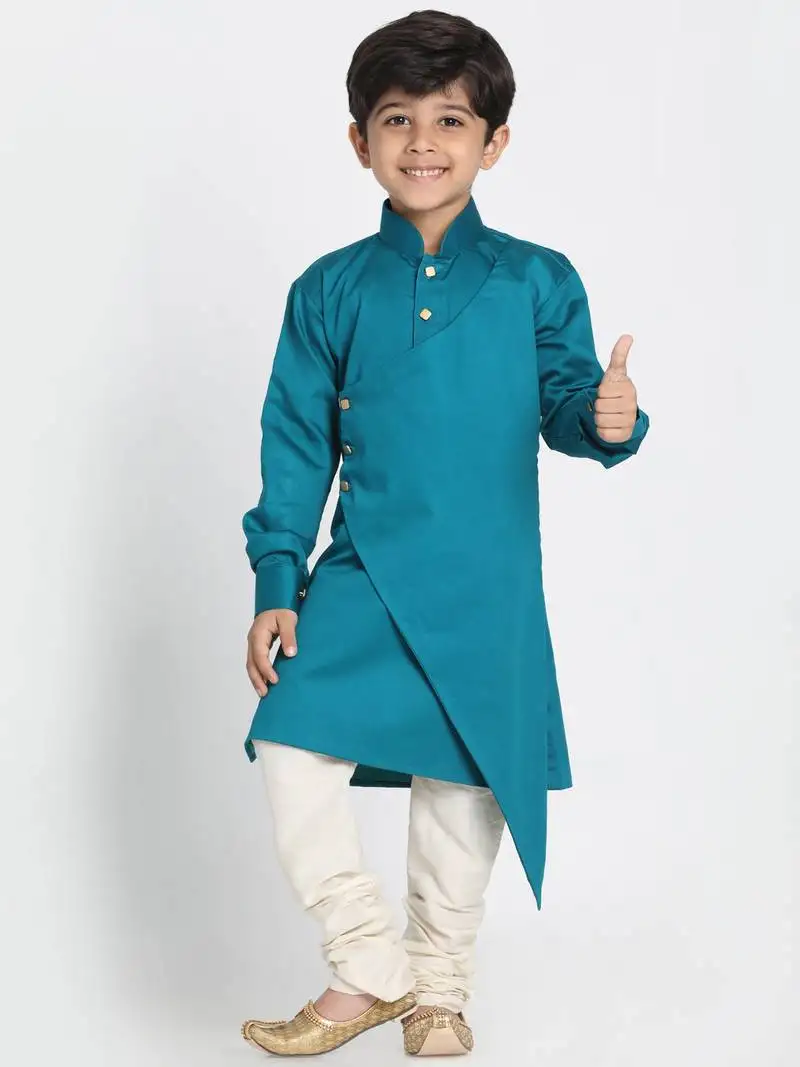 Boys rama and cream cotton satin blend kurta pyjama set
