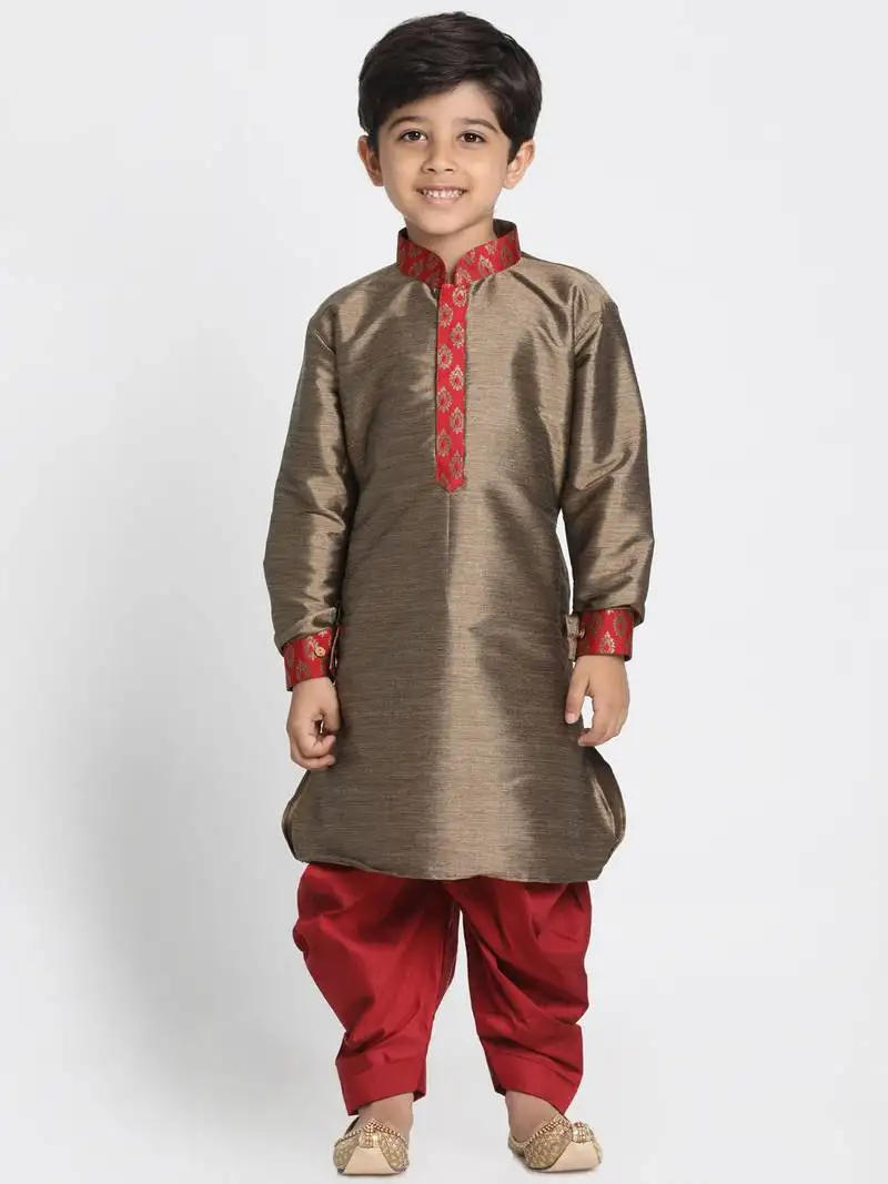 Boys bronze and maroon silk blend kurta and dhoti set