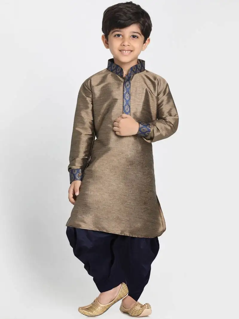 Boys bronze and navy blue silk blend kurta and dhoti set