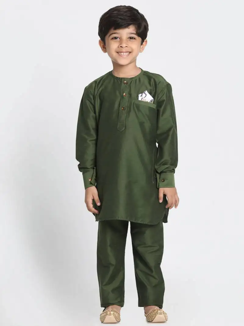 boys mehandi green cotton blend kurta pyjama set