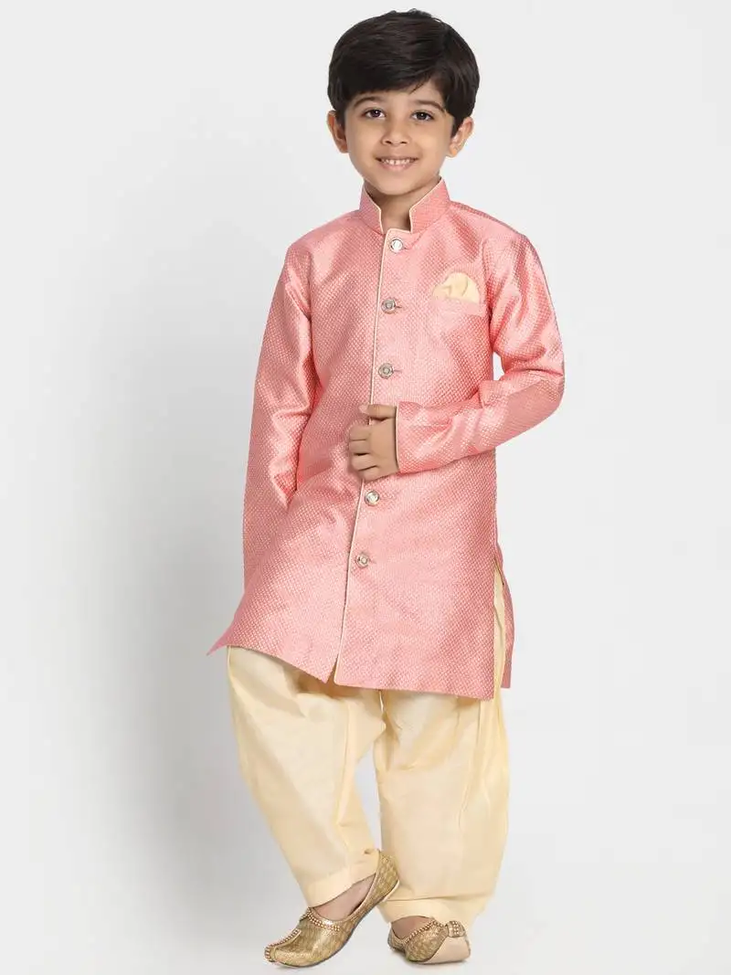 Boys light pink silk blend indowestern sherwani and patiala style dhoti set