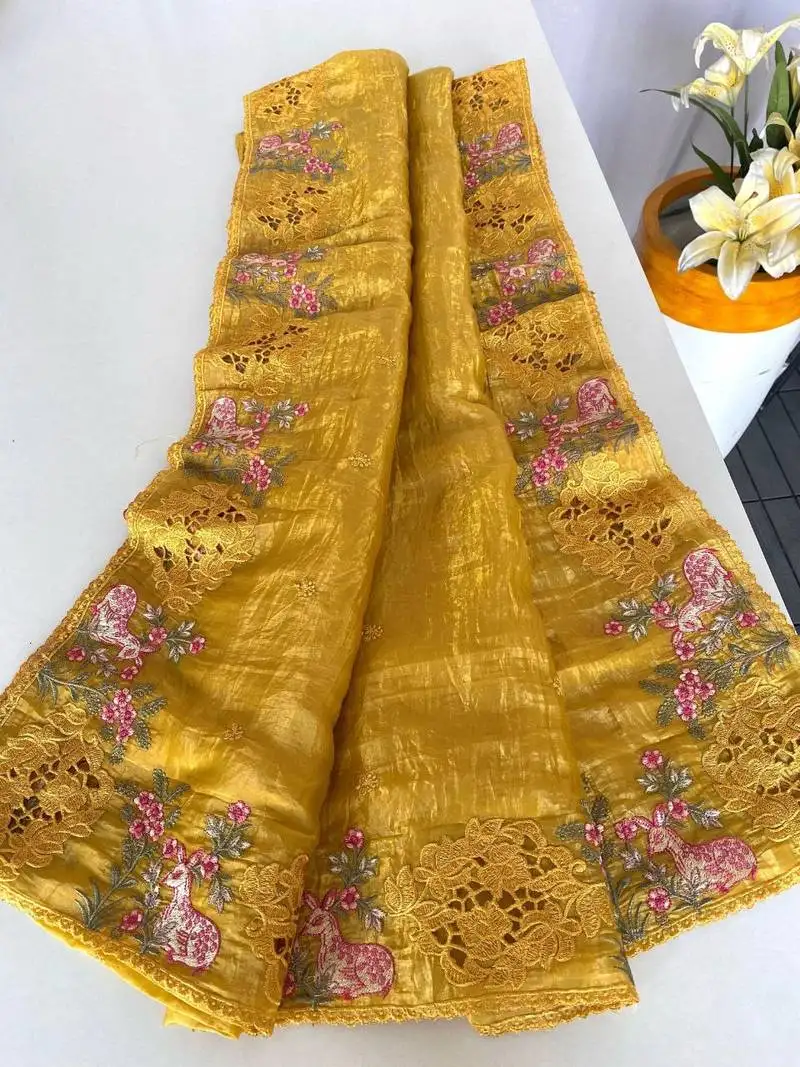 Mustard crush silk saree with all over embroidery design and cut work design