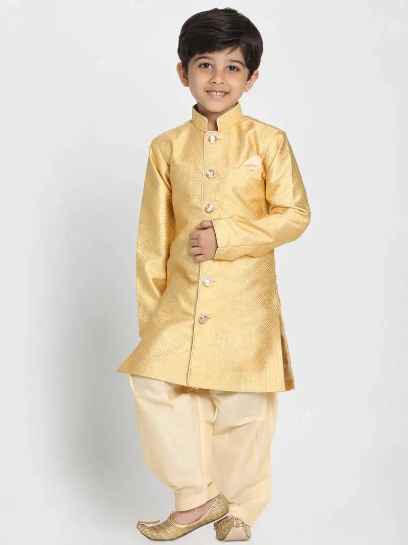 Boys light yellow silk blend indowestern sherwani and patiala style dhoti set